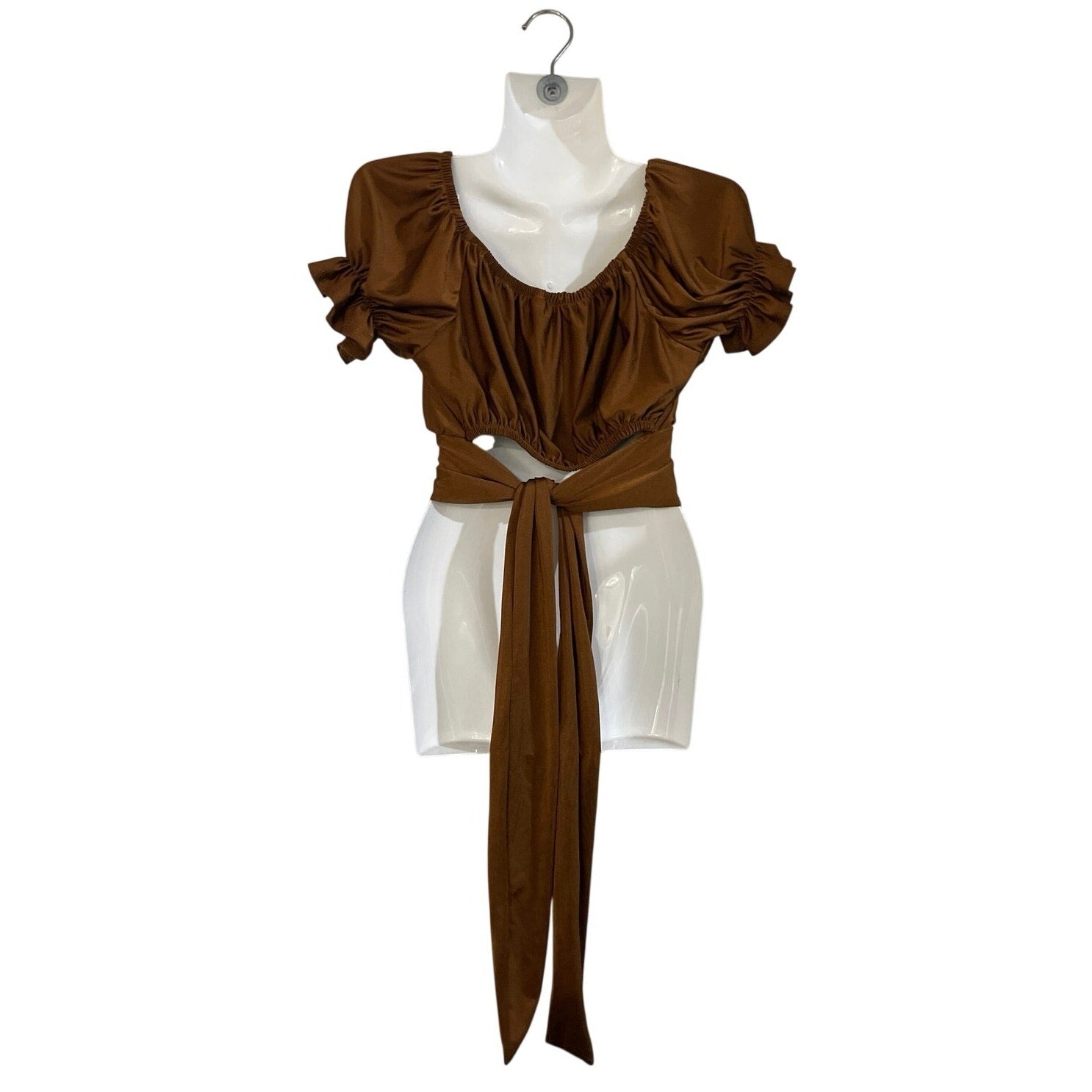 Sweetheart Neckline Crop Top Puff Flutter sleeves Crossover Wrap Waist SC