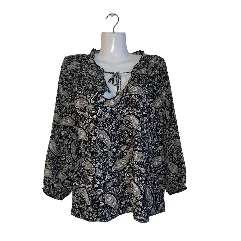 Lucky Brand Split SmokedNeck Peasant Blouse Balloon Sleeve Paisley Boho NWT