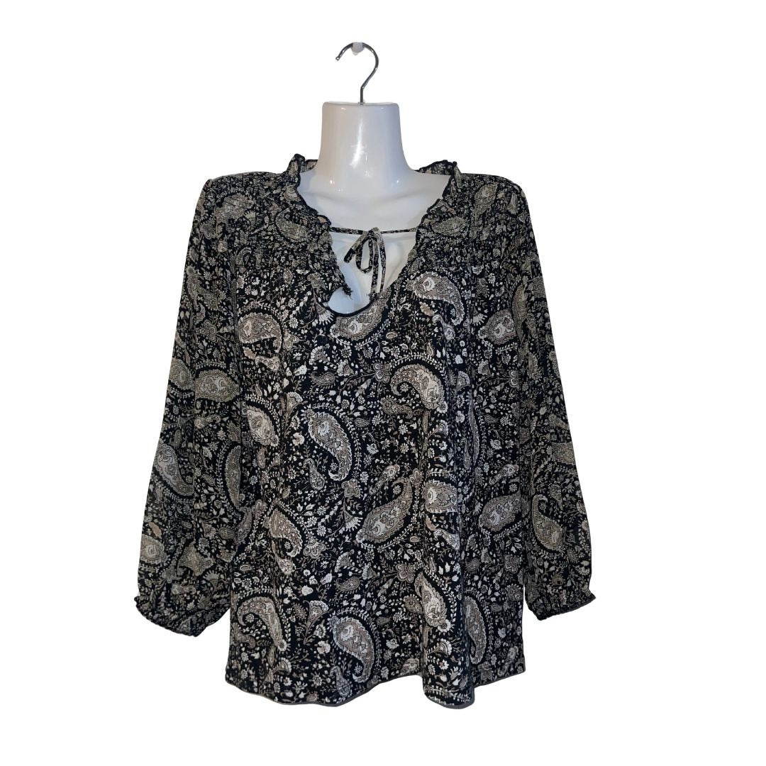 Lucky Brand Split SmokedNeck Peasant Blouse Balloon Sleeve Paisley Boho NWT