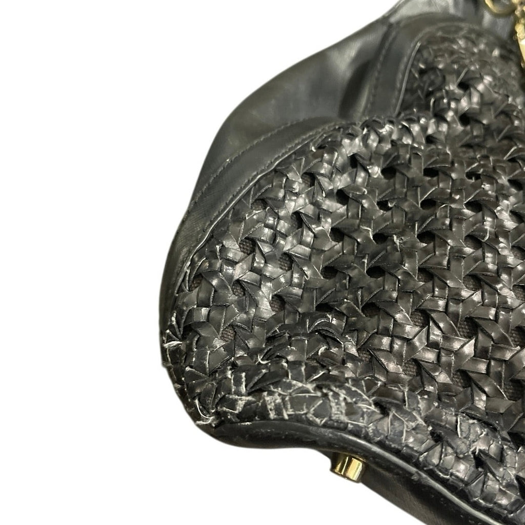 Tory Burch Logo Robinson Black Basket Woven Leather Satchel Tote Handbag Classic