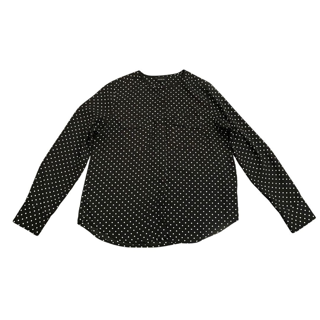 Who What Wear Black & White Polka Dot Round Neck Long Sleeve Shirt Career Chic