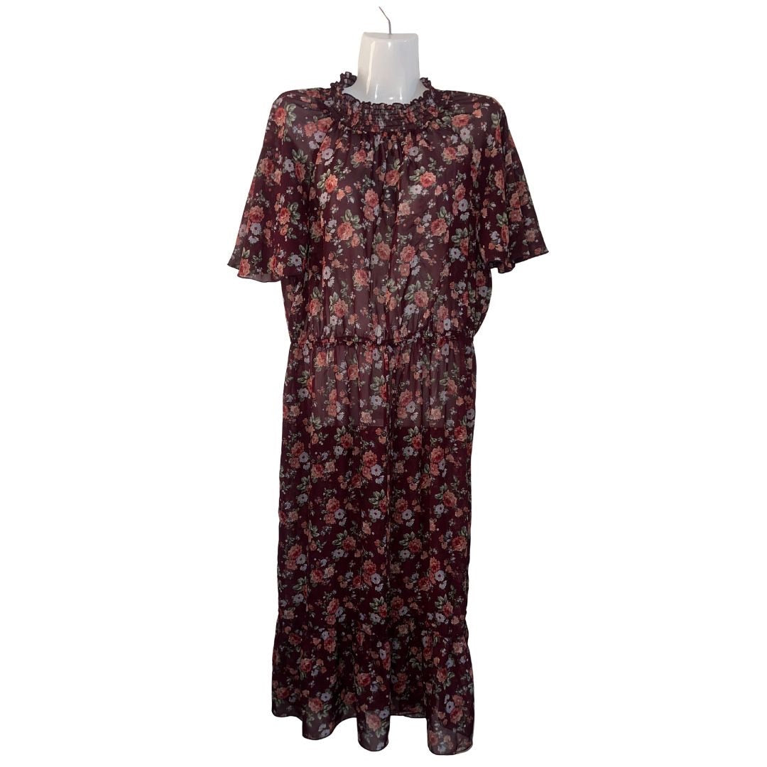 Stella & Julie Burgundy Floral Midi Dress Plus 14 Smoked High Neck Elastic Waist