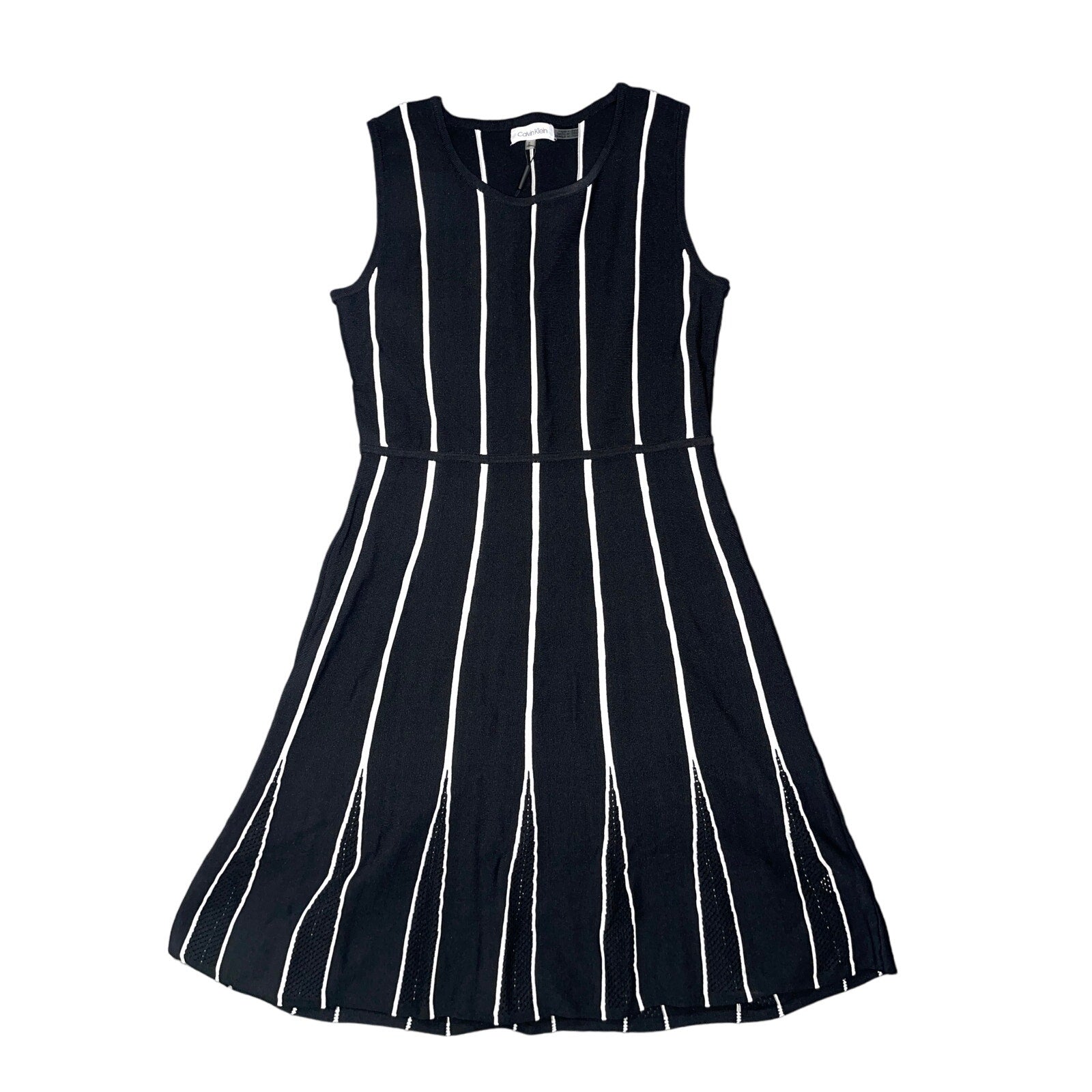 Calvin Klein Sleeveless Fit Flare Black and White Stripe Midi Knit Dress Size M