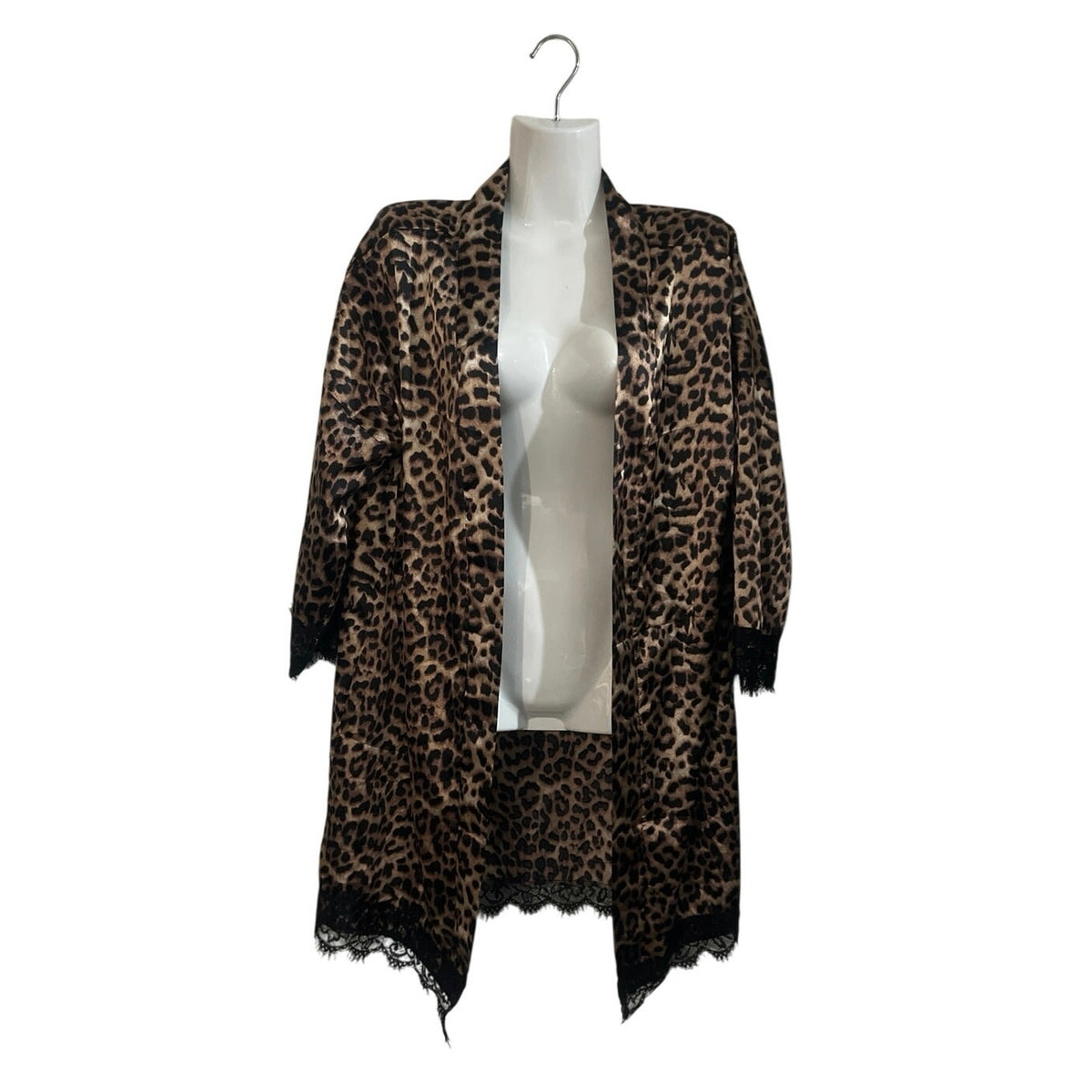 Open Front Kimono Style Robe Duster Leopard Print SZ XL Lace Trim Cardigan
