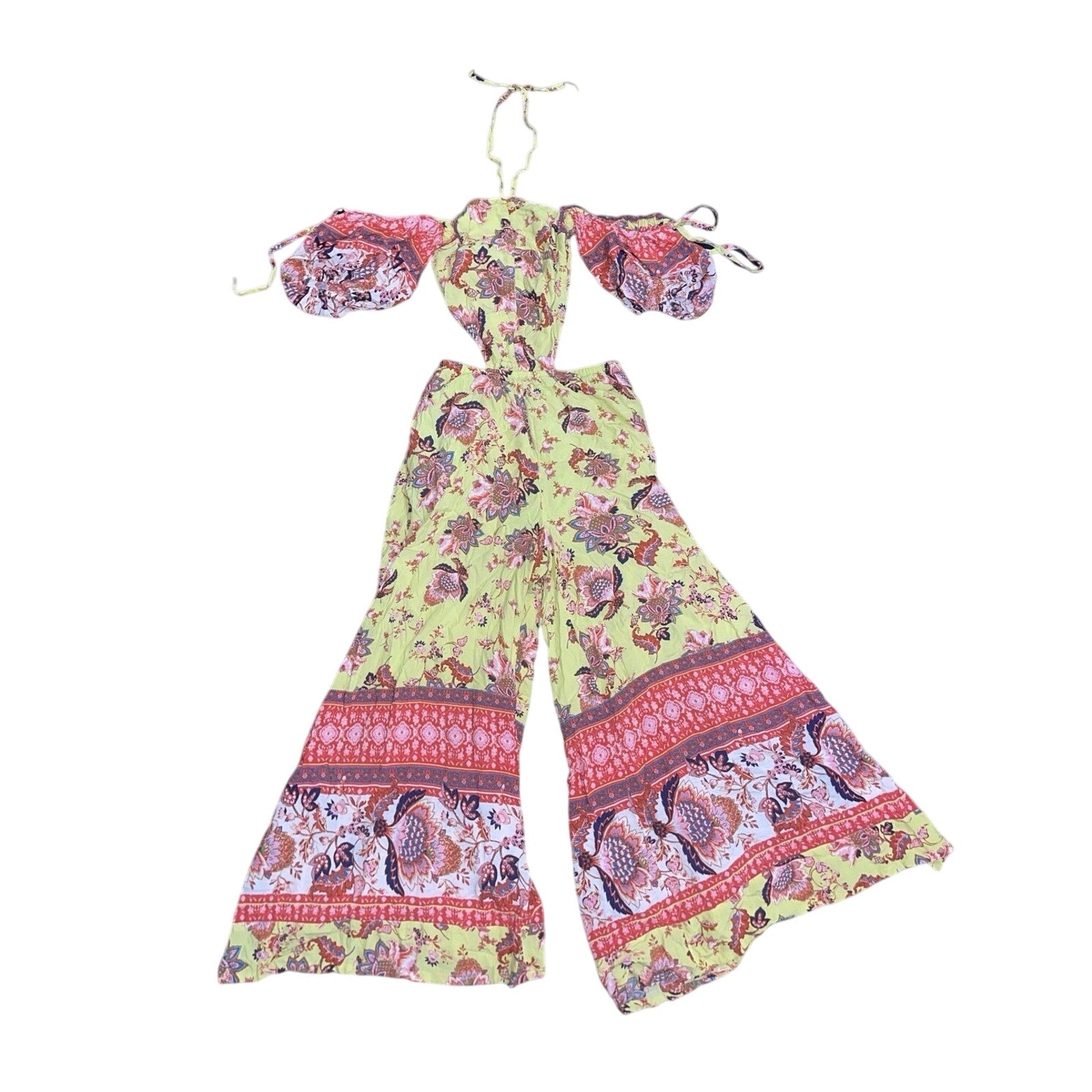 Free People Bali Citrus Skies One Piece Jumpsuit Floral XS Wide Leg Pockets Smoked