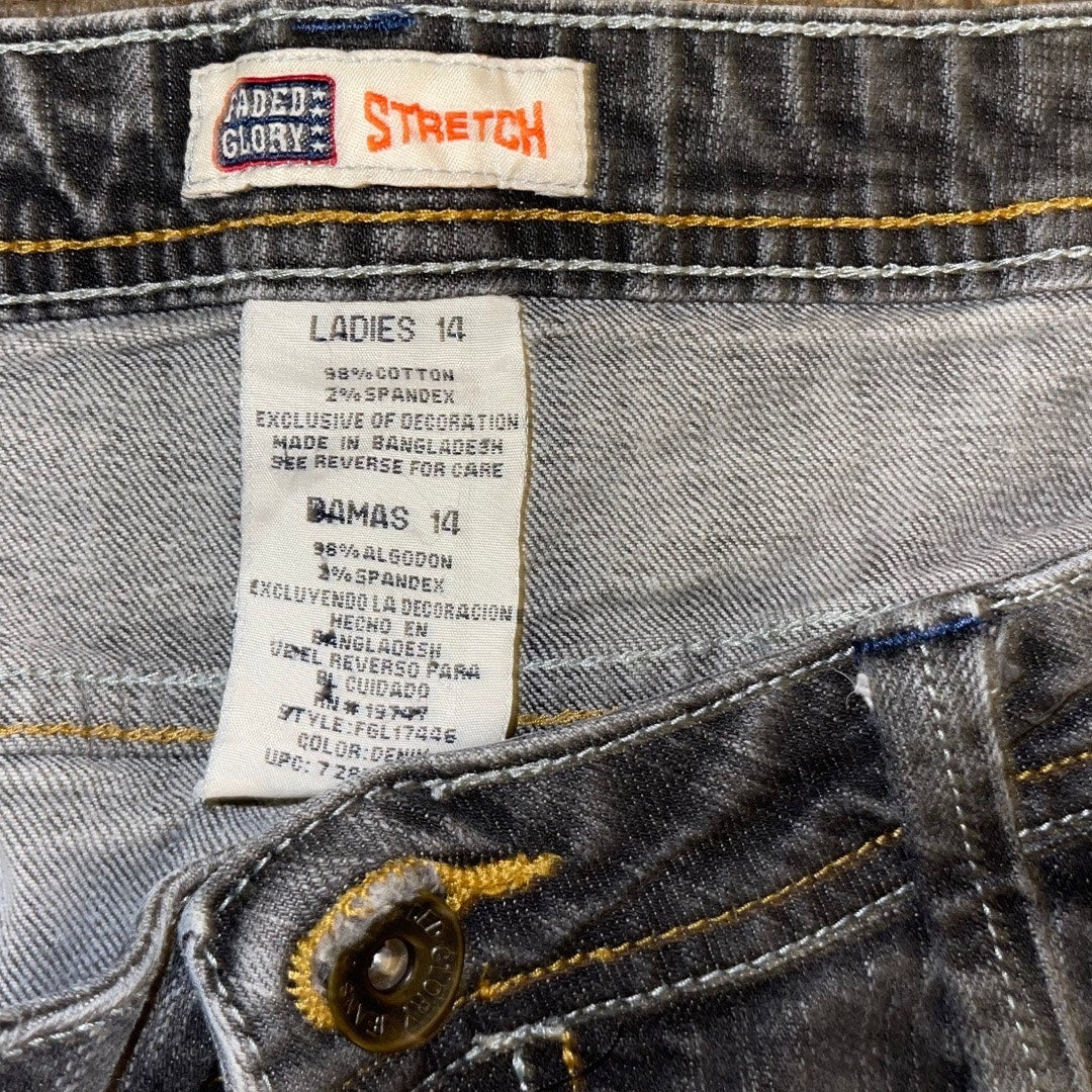Faded Glory Stretch Straight Denim Jeans Black Wash Embroider Pockets Size 14