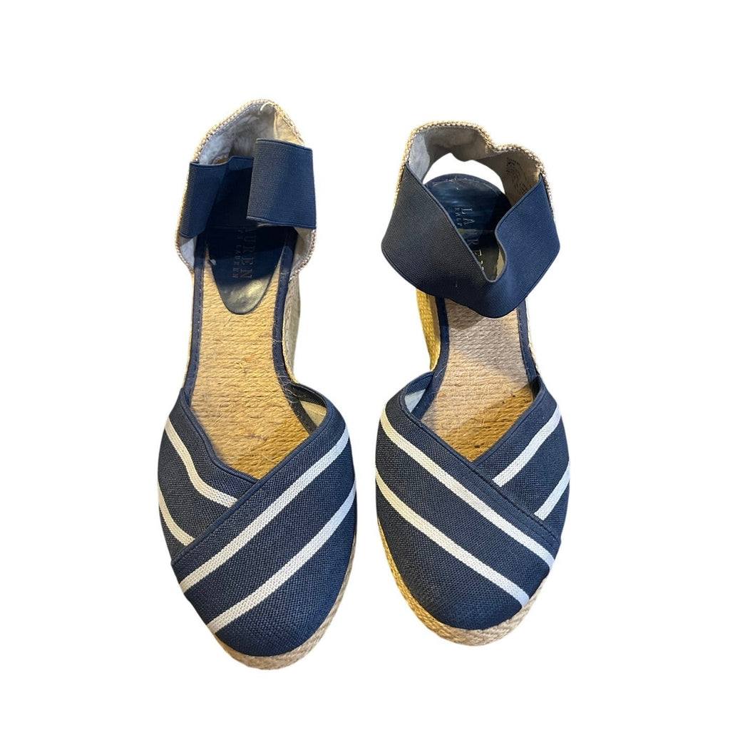 Lauren Ralph Lauren Charla Navy White Striped Espadrille Wedge Sandals SZ 10