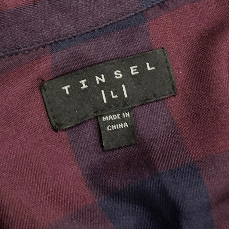 Tinsel Flannel Long Sleeve Button Up Tie Waist Shirt Dress Large Career Classic