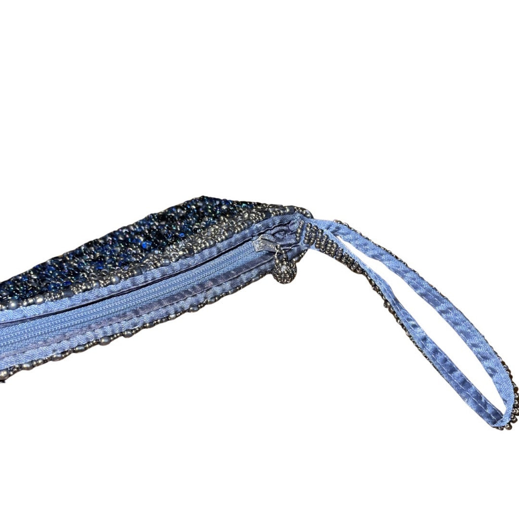 Vintage Blue Beaded Sequin Evening Wristlet Clutch Zip Closure Bags Purse