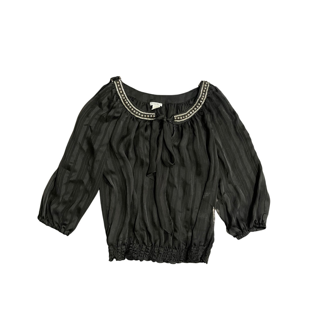 Cache Vintage sheer blouse 3/4 sleeves elastic cuff 90s tie studded neckline Y2K Size M