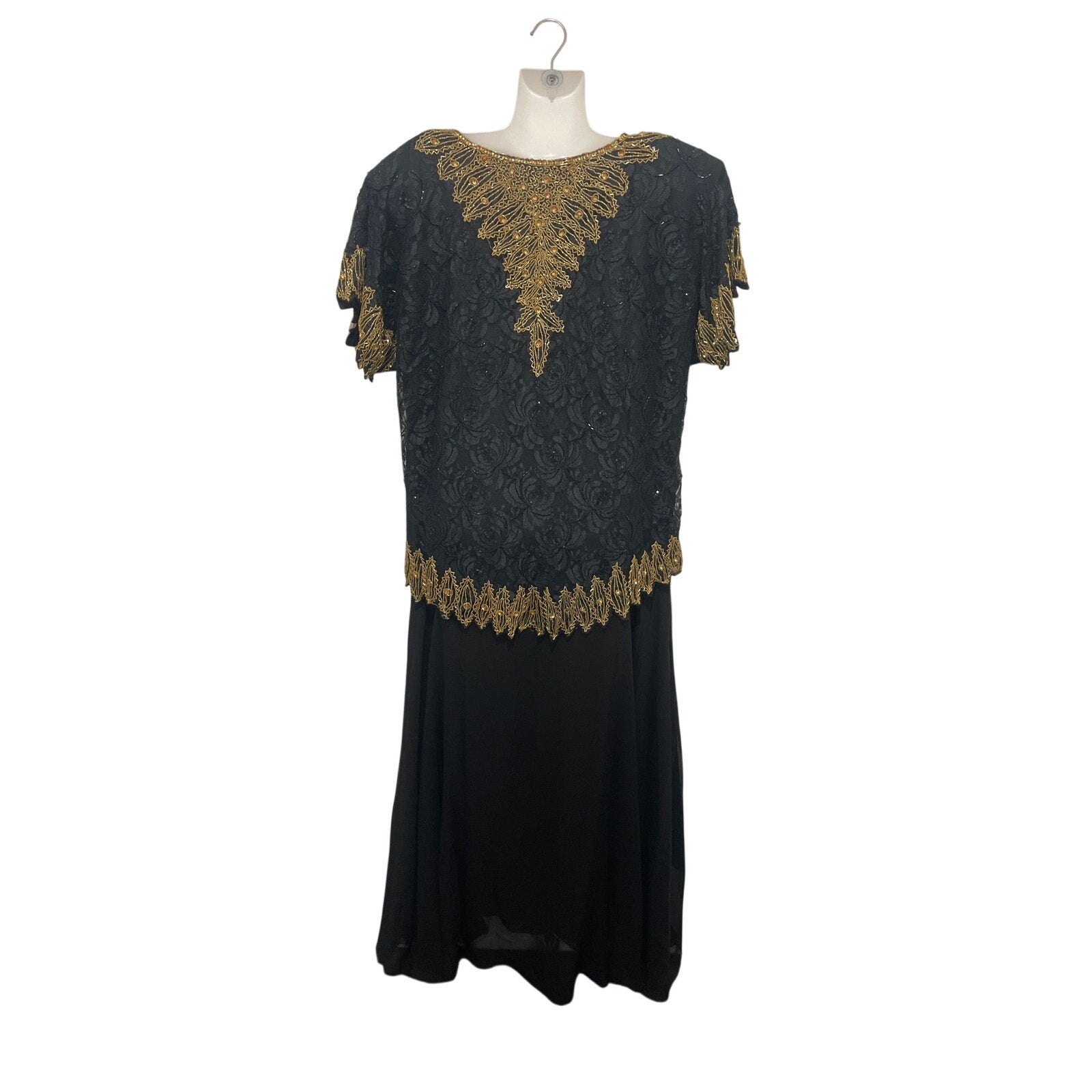 Channa Black Gold Beaded Lace Dress SX 3X VTG 80s 90s Cocktail Evening Wear NWT