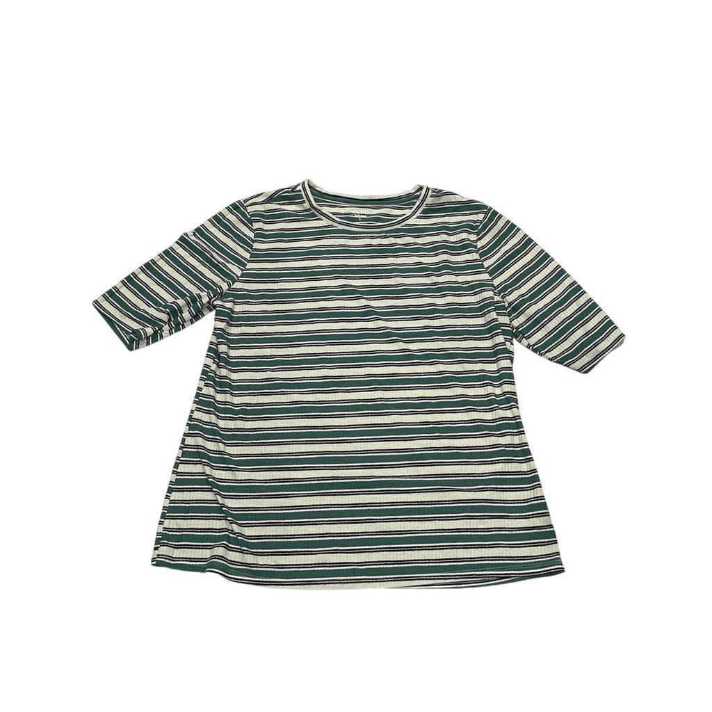 Nine West Soft Spun Striped Ribbed Elbow Sleeve Tee SZ L Casual Regular Fit 90s