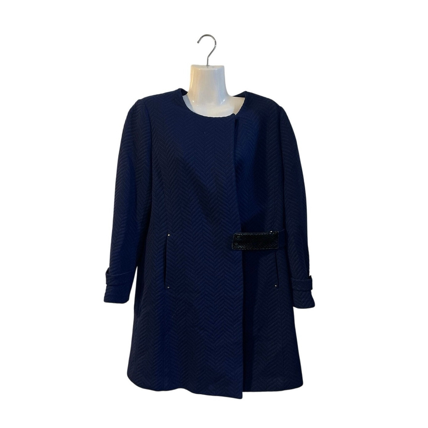 Celeb Kim Young Joo Navy Blue Herringbone Collarless Coat SZ 10 Korean Designer
