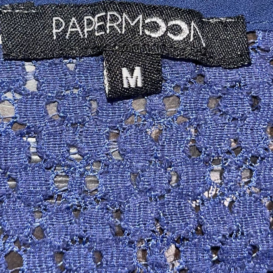 Papermoon Navy Blue Chiffon Lace Trim V-Neck Blouse Size Medium Career Office
