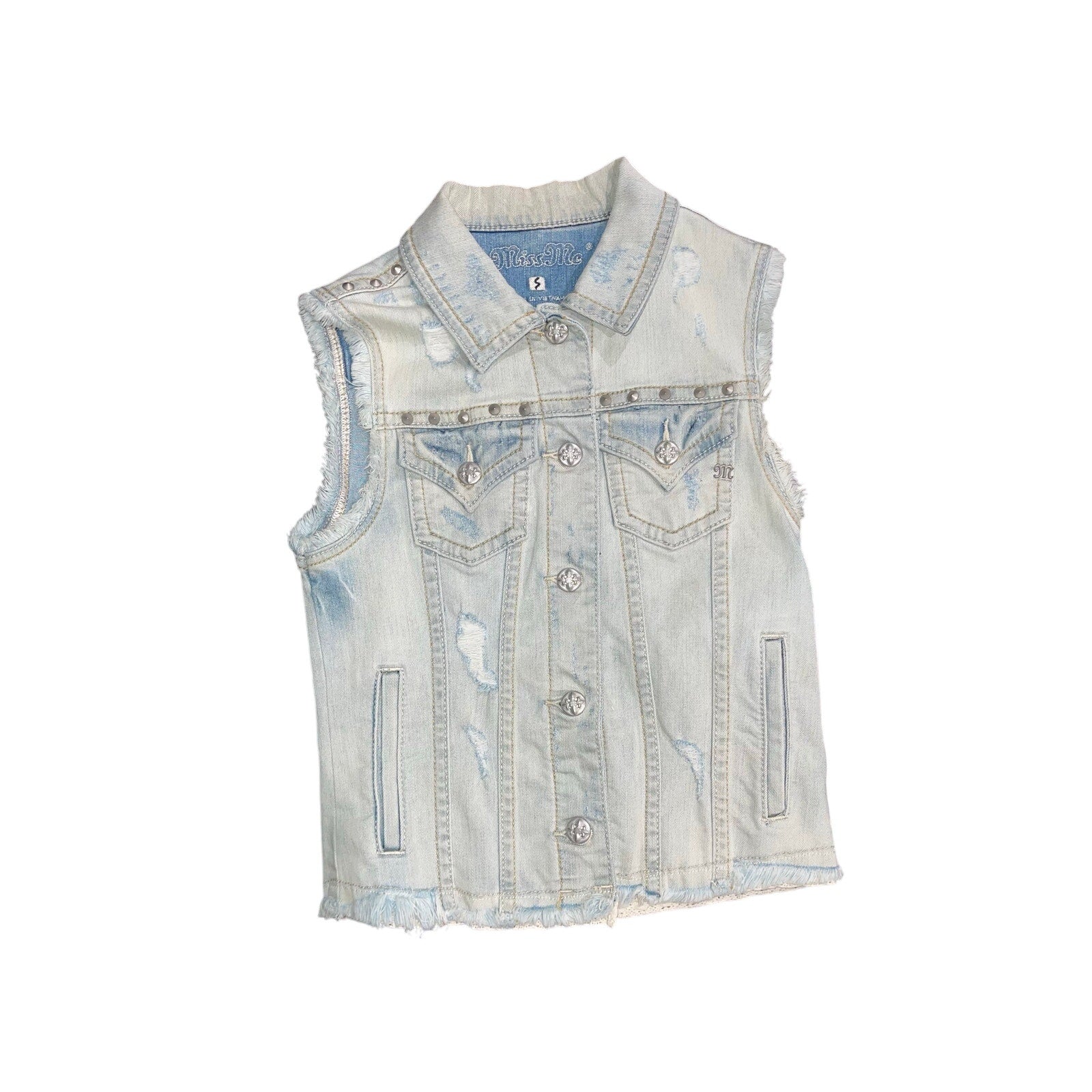 Miss Me Distressed Studded Denim Vest Light Blue Size Small Western Cowgirl Y2K