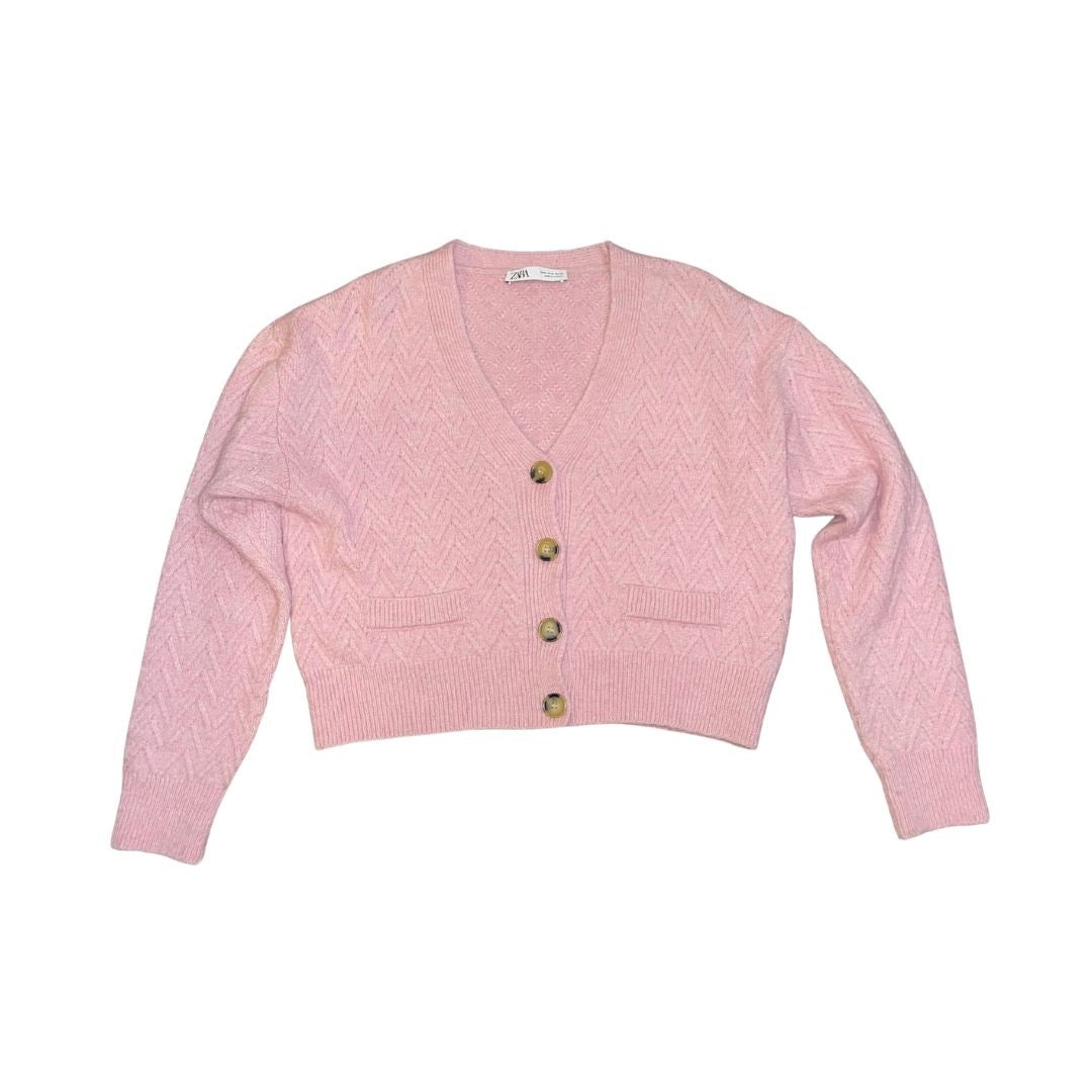Zara Pink Chunky Knit Button Cropped Cardigan Sweater Size Small Spring Chic