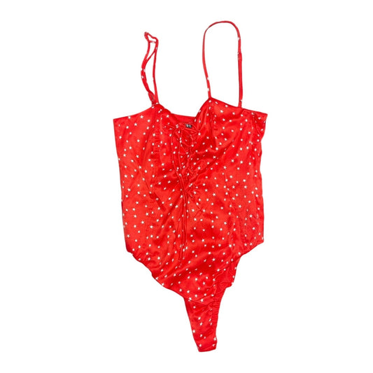 Zara Star Print Bodysuit Red Front Tie Size Small NWT