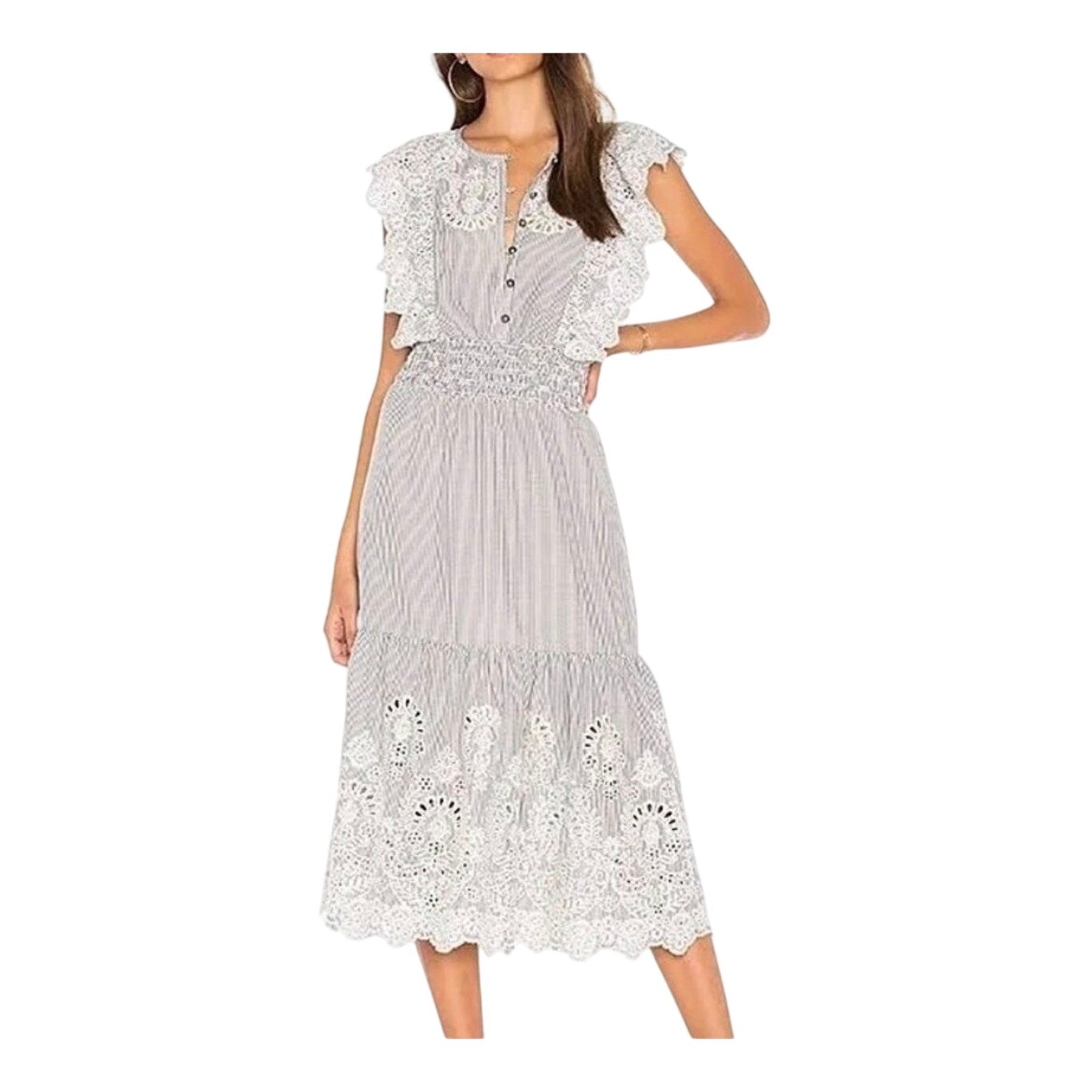 Saylor Maliyah Striped Eyelet Midi Tiered Dress Small Smocked Waist Milkmaid