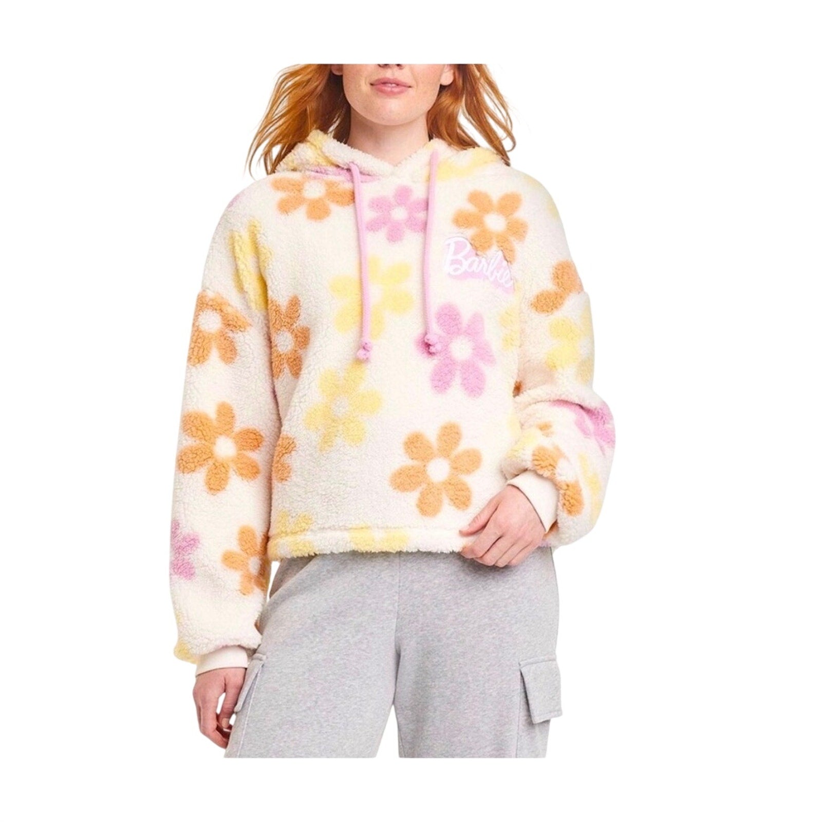 Barbie Movie Fuzzy Fleece Sherpa Flower Daisy Pullover Hoodie Sweatshirt Small