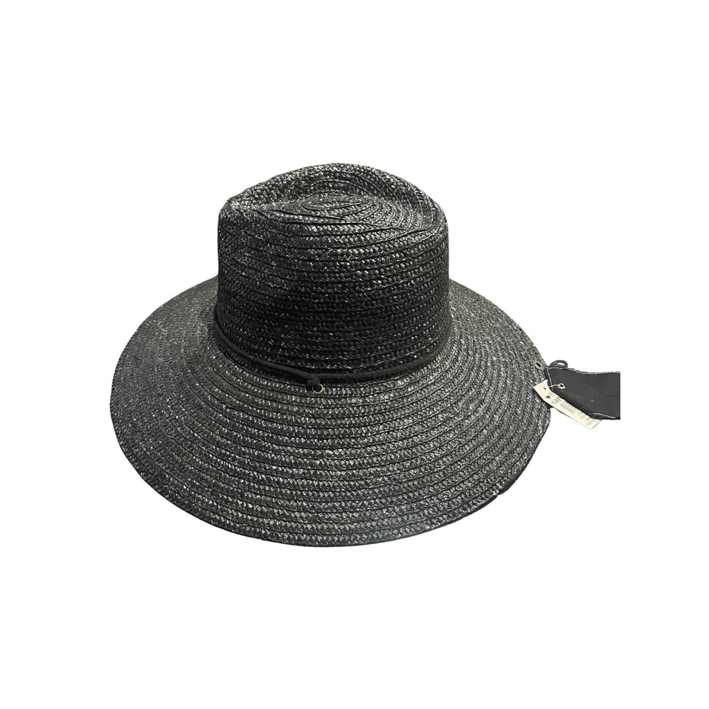 Peter Grimm Black Woven Straw Wide Brim Sun Hat Drawstring Outdoor Beach NWT