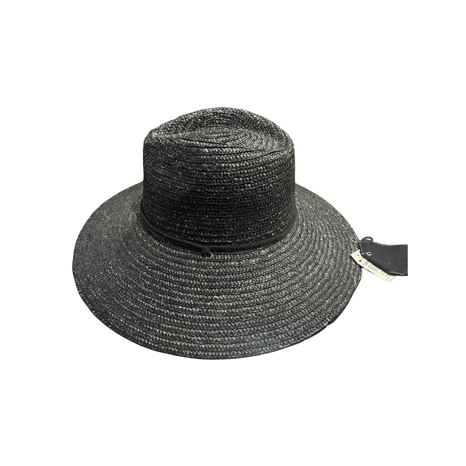 Peter Grimm Black Woven Straw Wide Brim Sun Hat Drawstring Outdoor Beach NWT