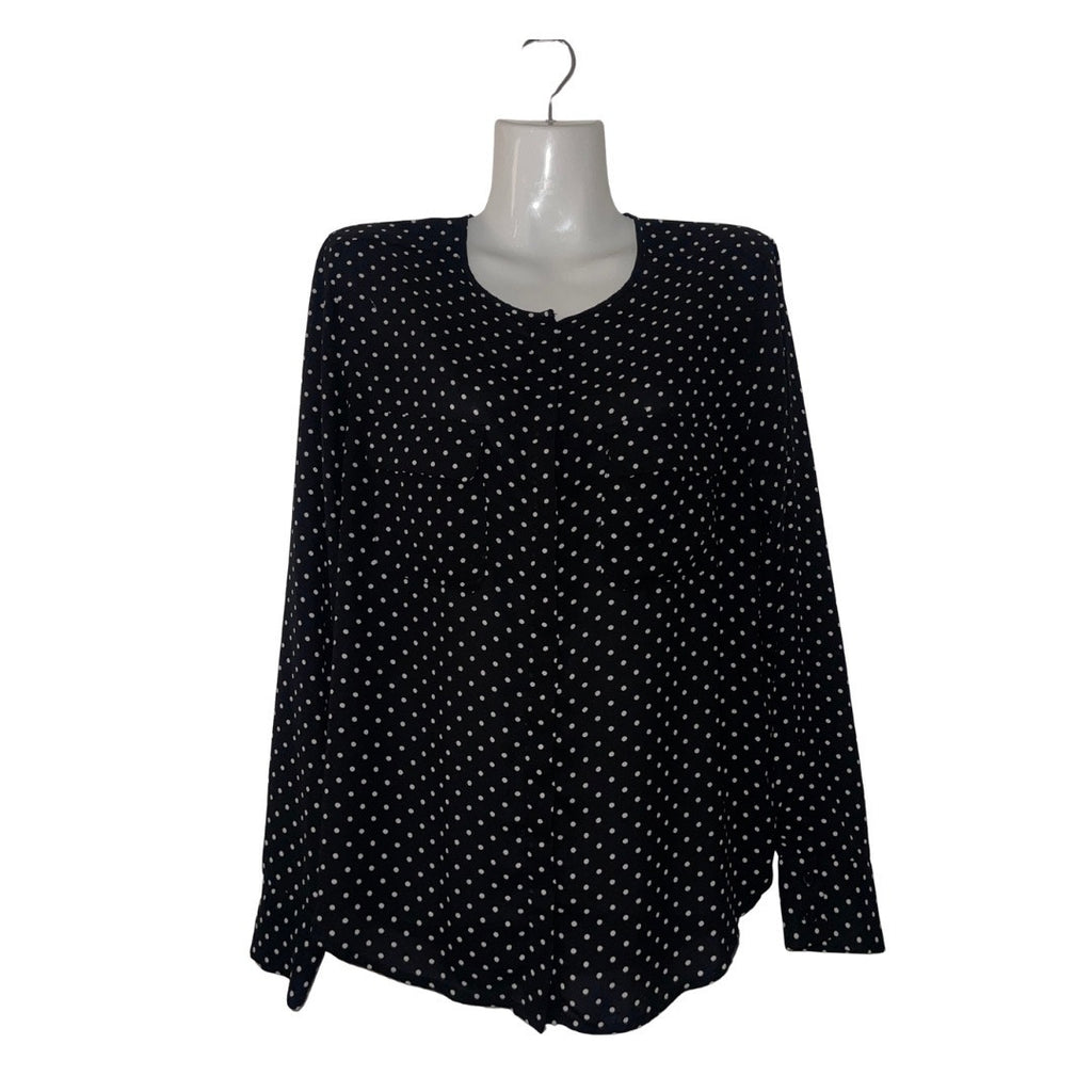 Who What Wear Black & White Polka Dot Round Neck Long Sleeve Shirt Career Chic