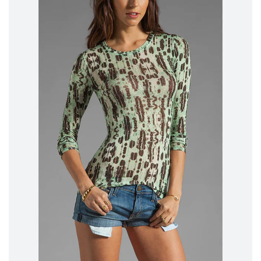 BCBGMAXAZRIA Long Sleeve Printed Shirt Green Top Blouse Light Sheer Size Small
