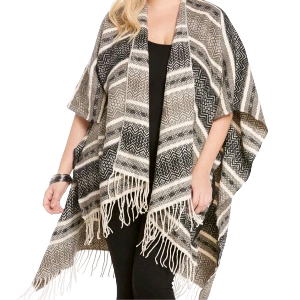 Torrid Mixed Geo Print Pattern Ruana Poncho Wrap Fringe Hem SZ O/S Boho Western