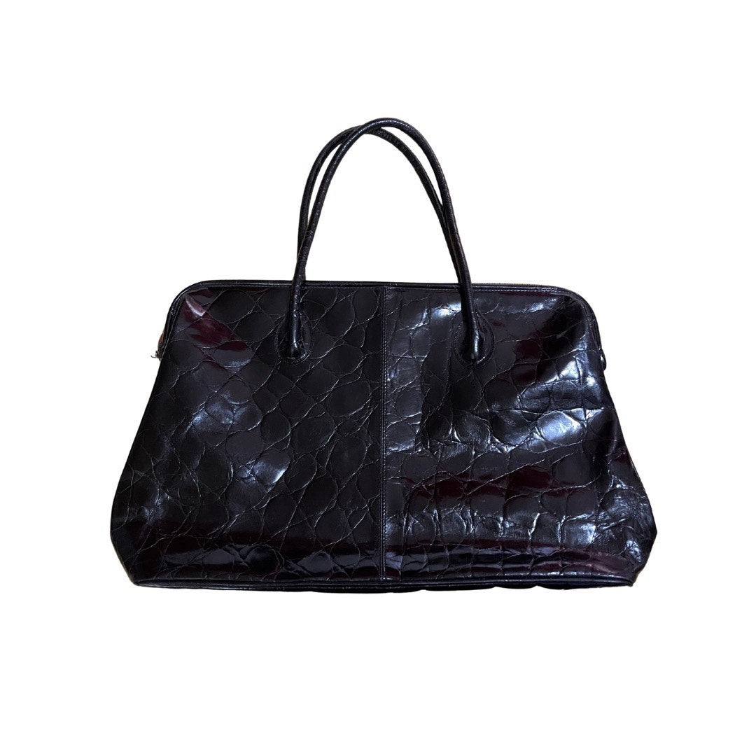 Furla Black Leather Satchel Bag Double Shoulder Straps Made in Italy