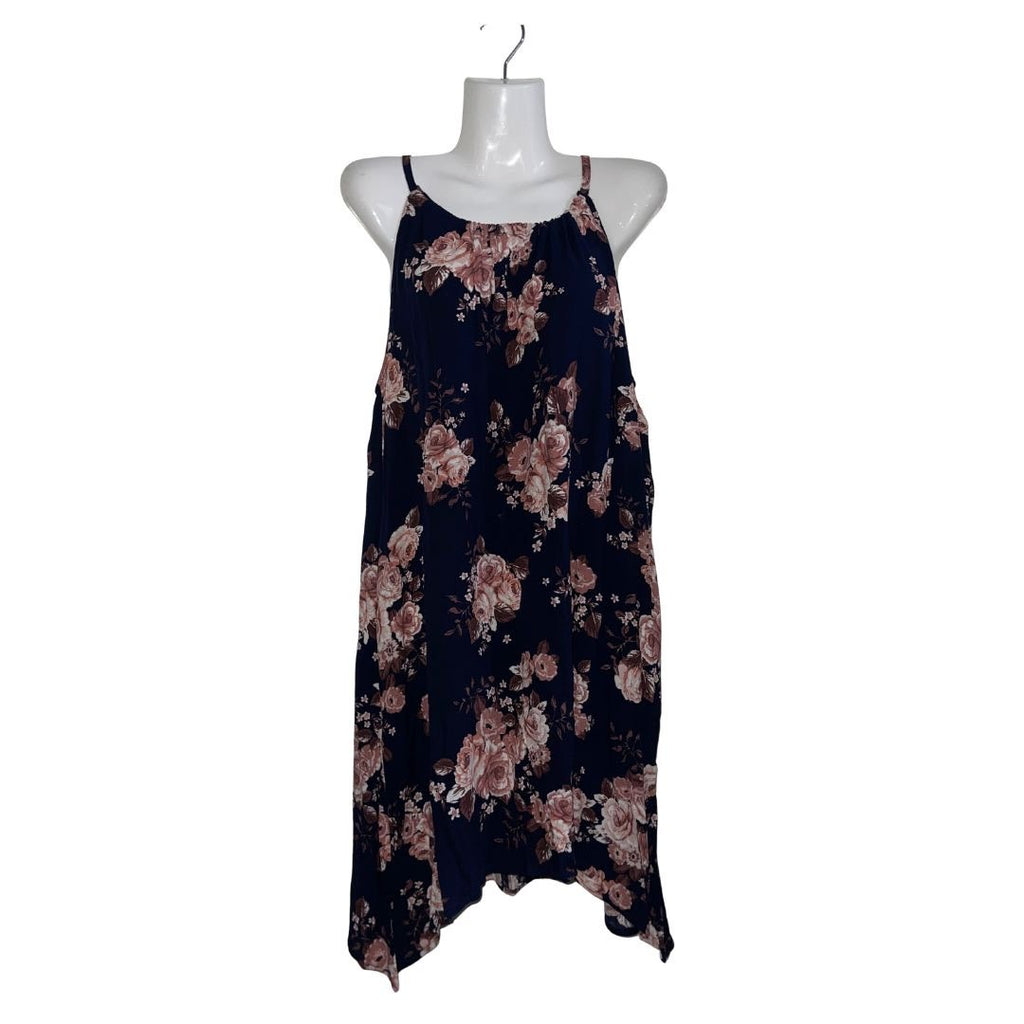 Maurices Navy Floral Halter Neck Mini Dress Size Xl Pockets Hanky Hemline Artsy