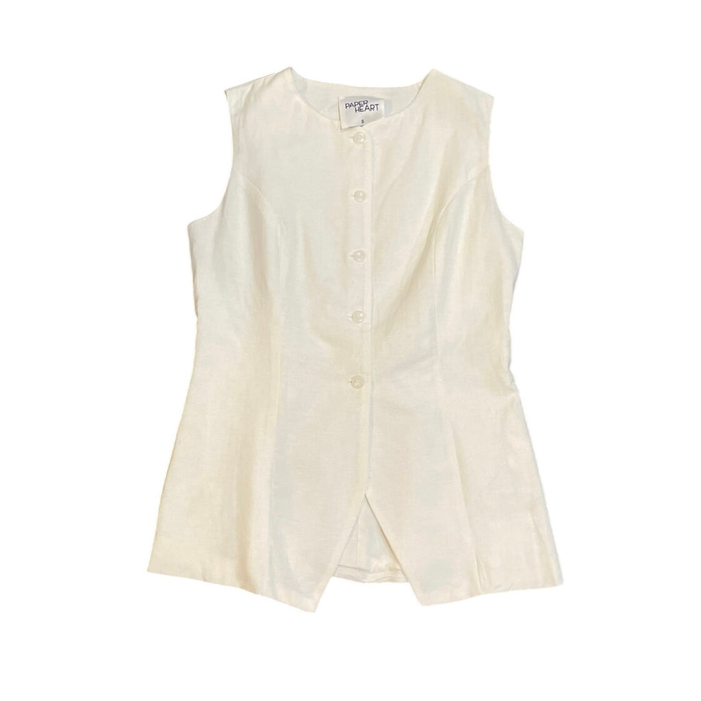 Paper Heart White Linen Blend Button Front Vest SZ S Breezy Relaxed Artsy