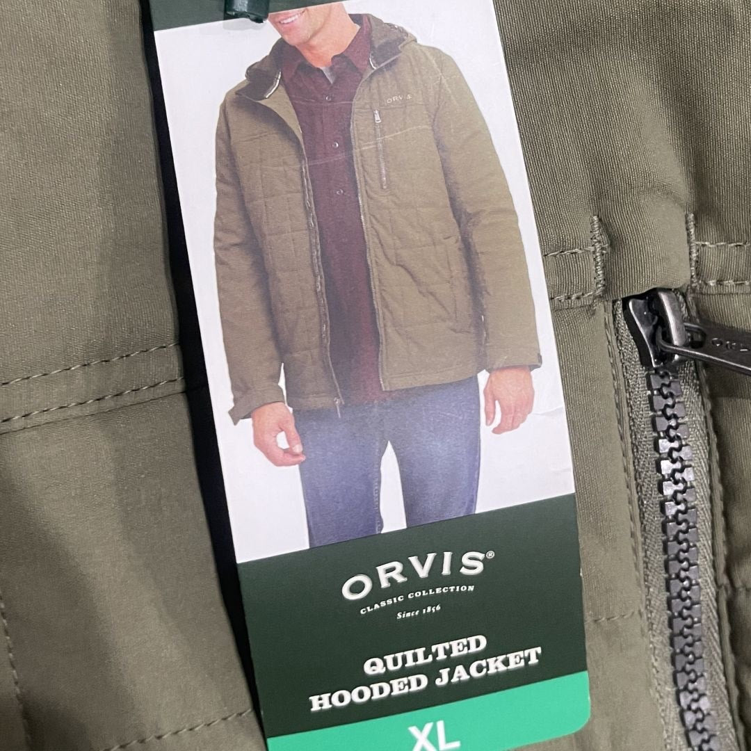 Orvis Quilted Hooded Jacket Olive Green Full Zip XL Water Resistant Outdoors NWT