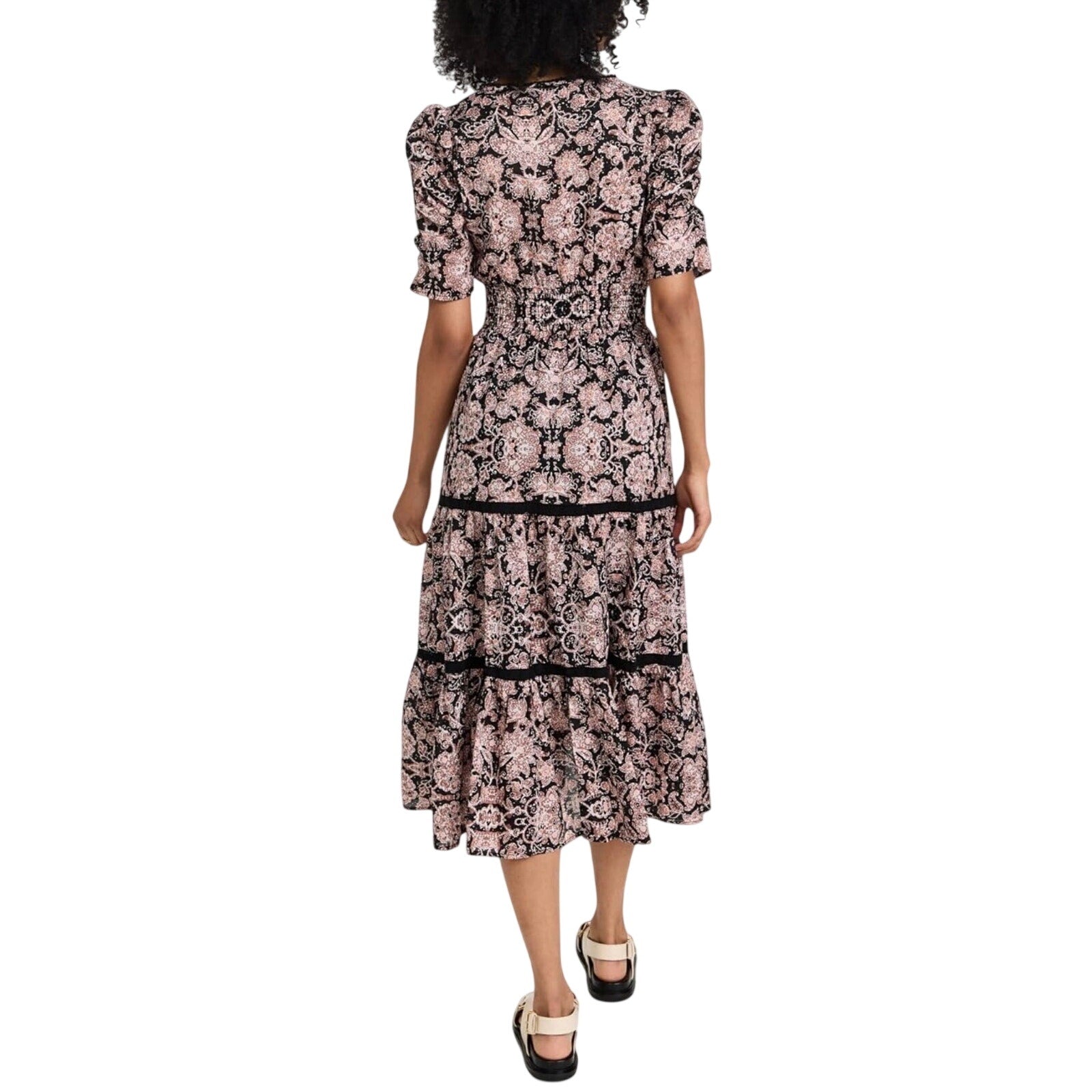 BB Dakota Steve Madden Boho Next Door Tiered Midi Dress Large Smoked Waist Lace