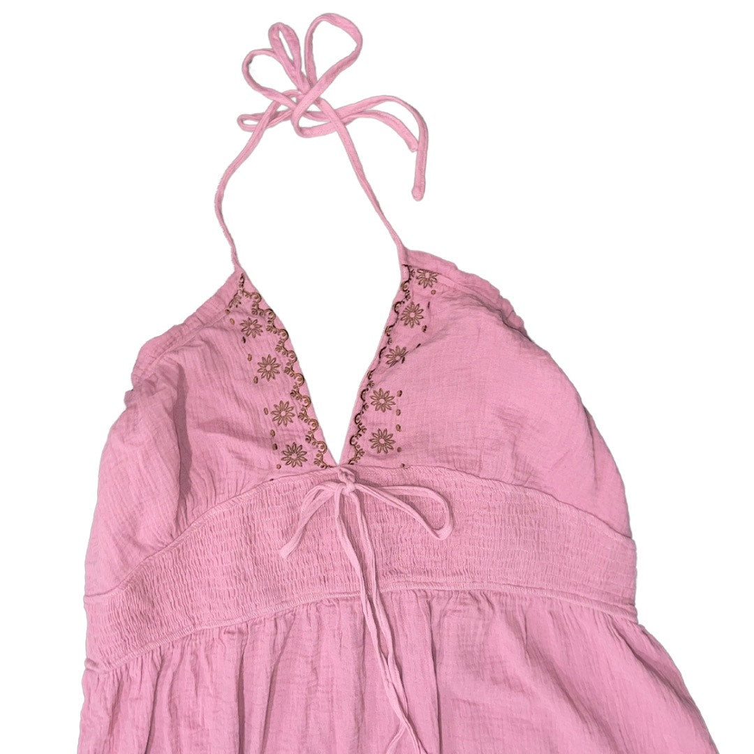 CIDER NWT HALTER SOLID KNOTTED SHIRRED EMBROIDERY RUFFLE TIERED MAXI DRESS CURVE & PLUS