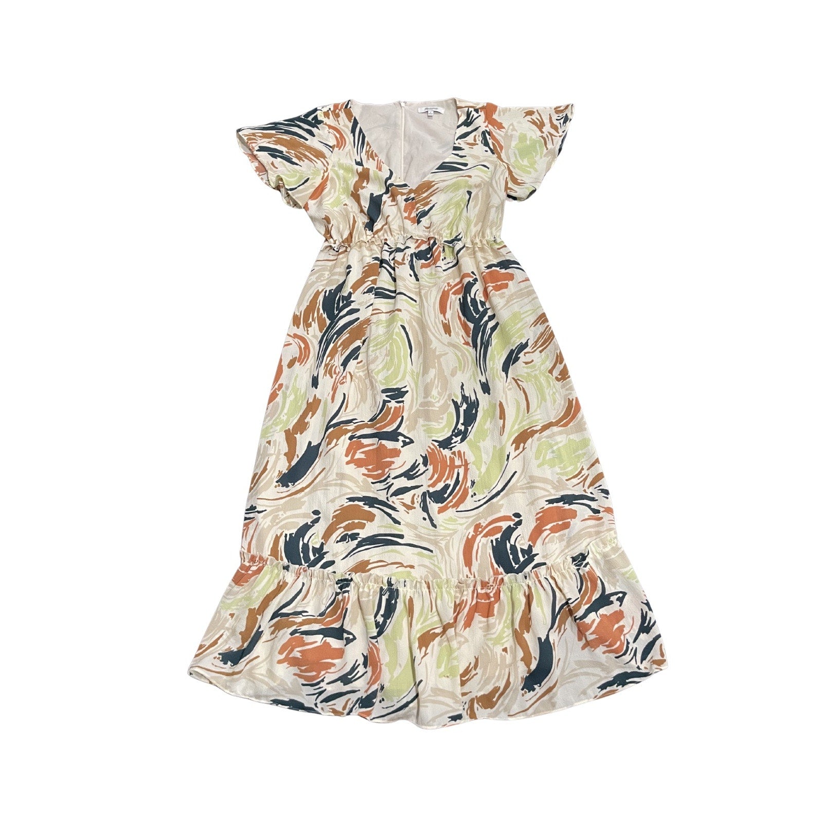 Madewell Flutter Sleeve Ruffle Waist Midi V-Neck Dress Size O Feminine Brunch