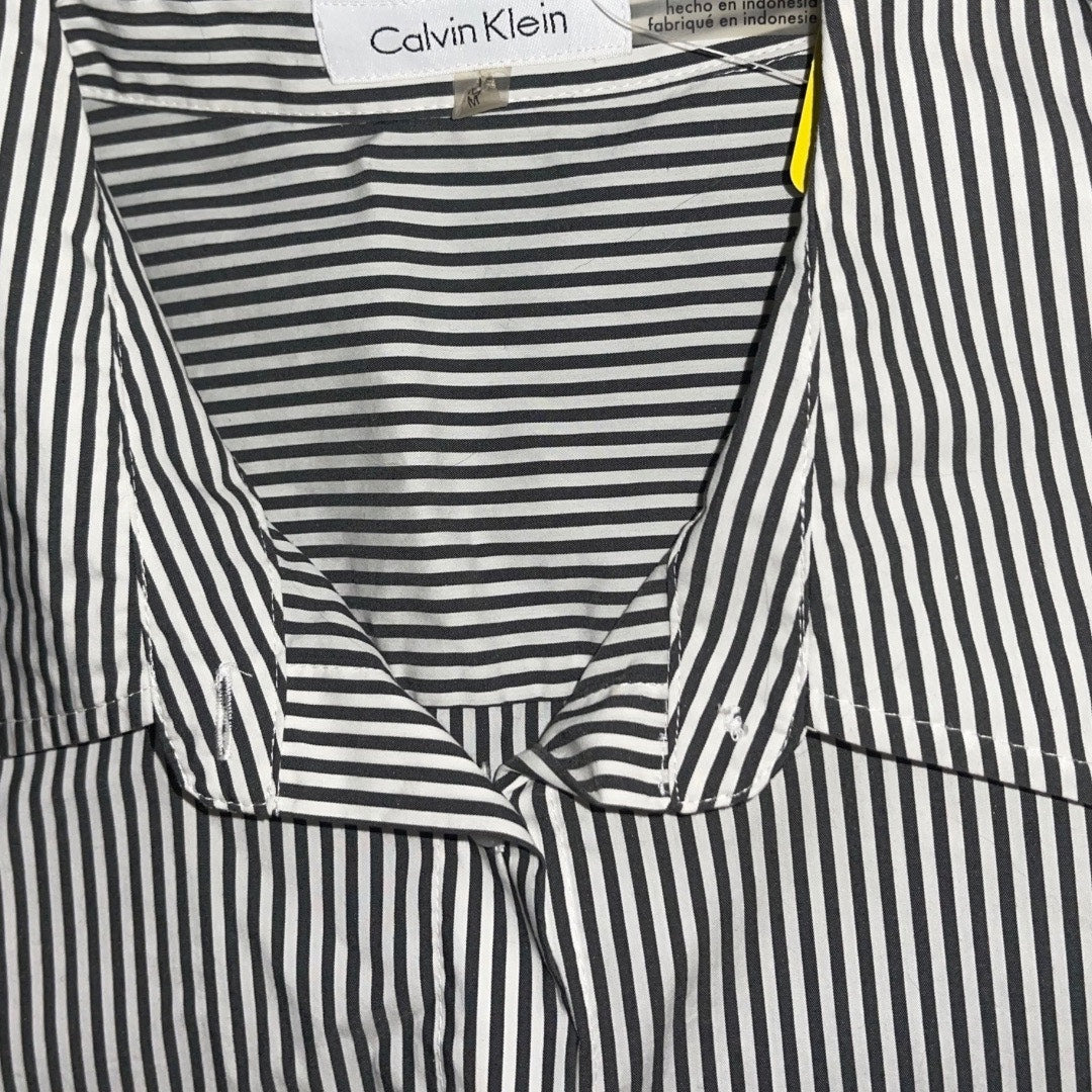 Calvin Klein Women's Black White Striped Button Up Long Sleeve Tunic Top Size M