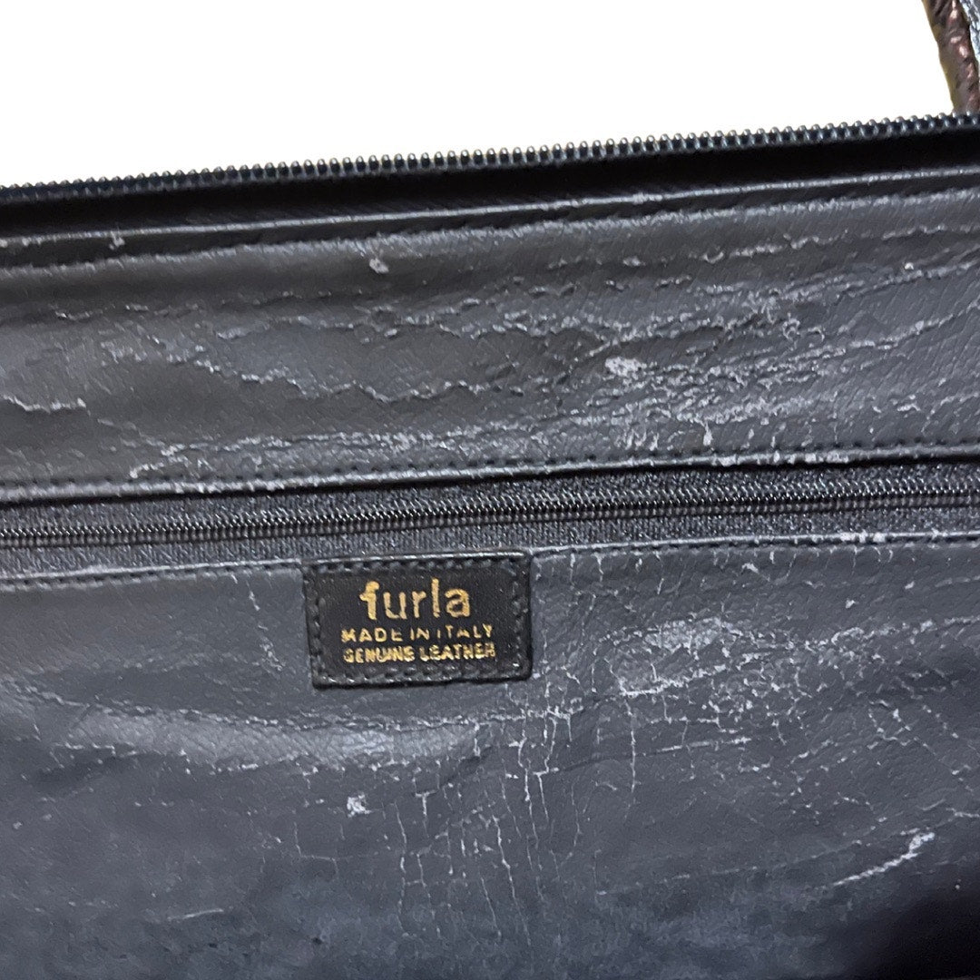 Furla Black Leather Satchel Bag Double Shoulder Straps Made in Italy