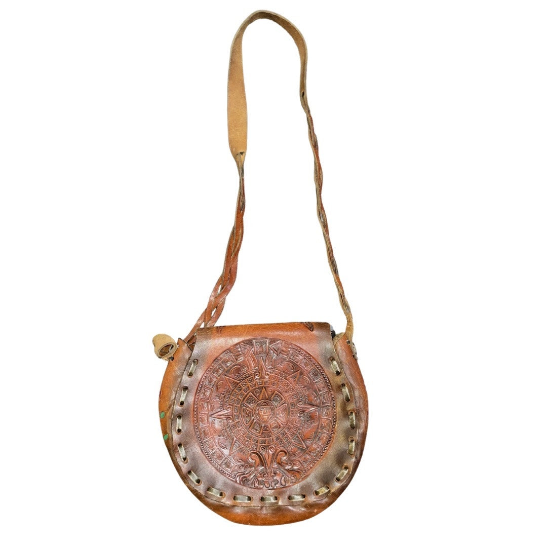 VTG Handmade Tooled Mexican Leather Boho Hippie Saddle Bag Eagle Aztec Calendar