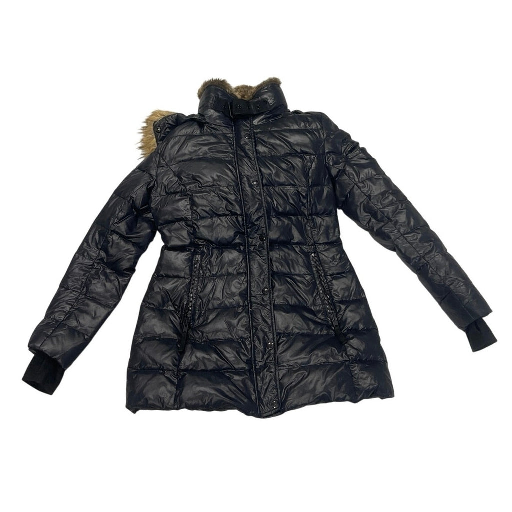 S13 Chelsea Faux Fur Trim Hooded Quilted Down Puffer Coat Jacket SZ S Winter