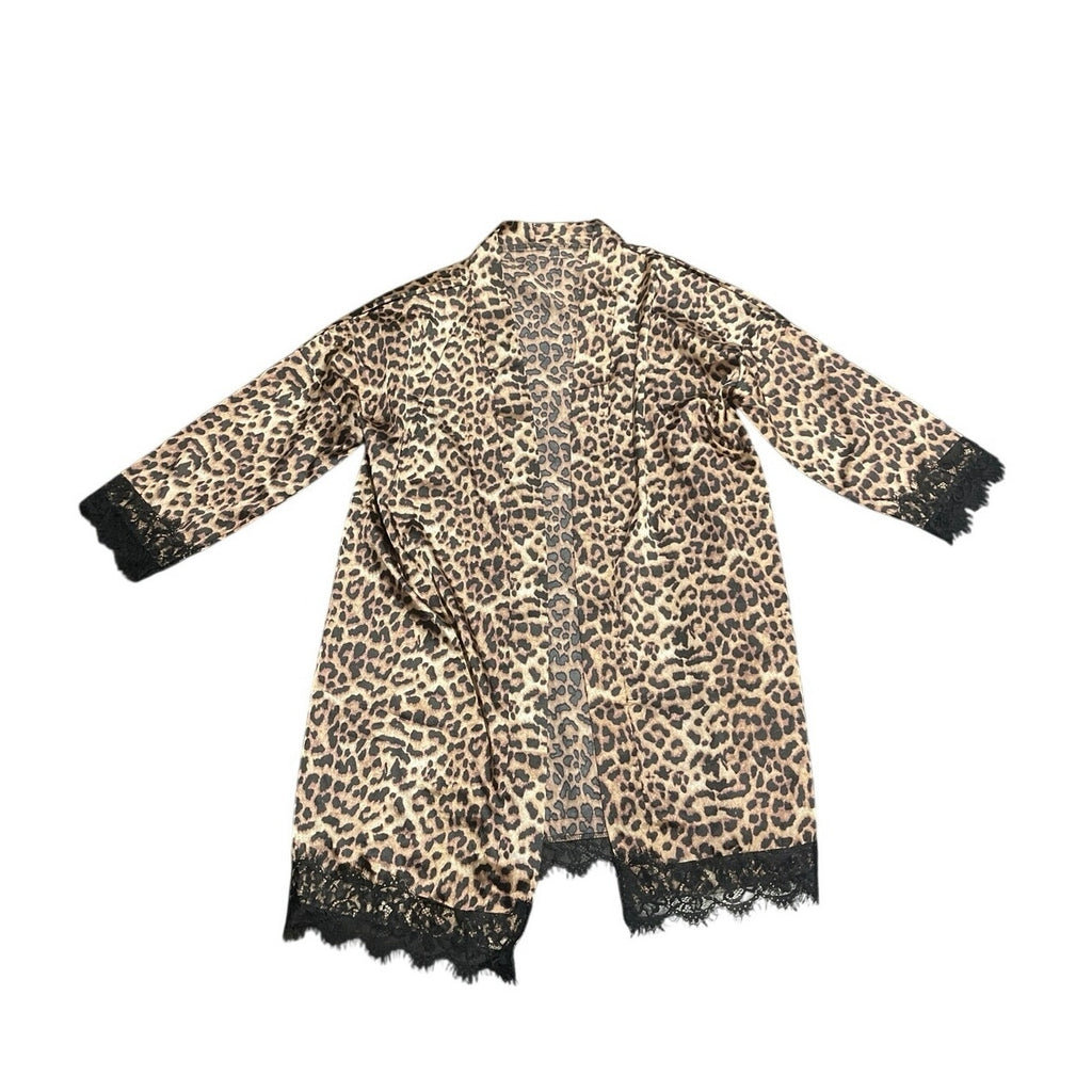 Open Front Kimono Style Robe Duster Leopard Print SZ XL Lace Trim Cardigan
