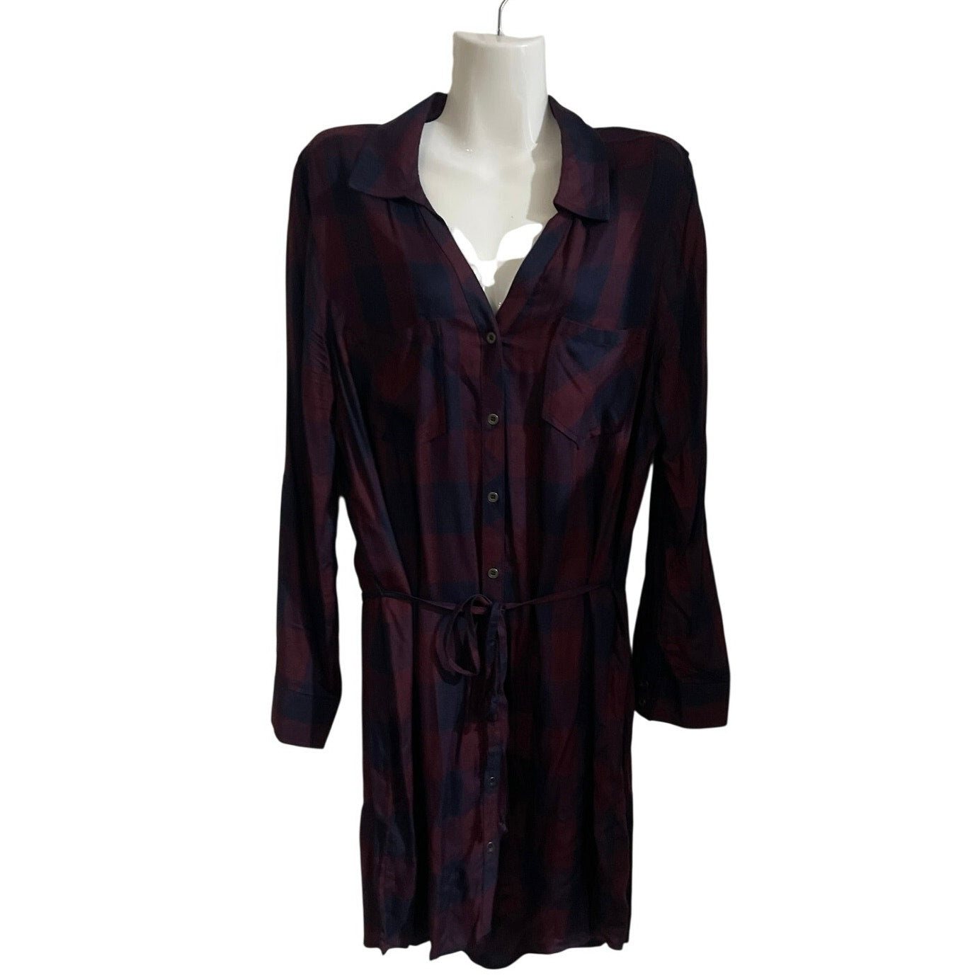 Tinsel Flannel Long Sleeve Button Up Tie Waist Shirt Dress Large Career Classic