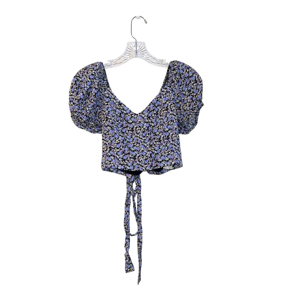 Forever 21 Floral Crop Top Ruched Back Tie Puff Sleeves Size Small Y2K