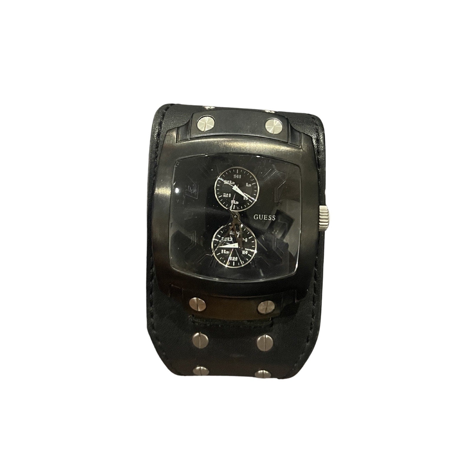 Guess Phantom Wrist Watch Wide Leather Cuff Band W14517G1 Military Combat Y2K