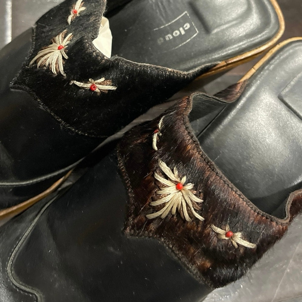 Cloudwalkers Planet Black Leather Embroidered Mules Calf Hair SZ 12 Y2K Western