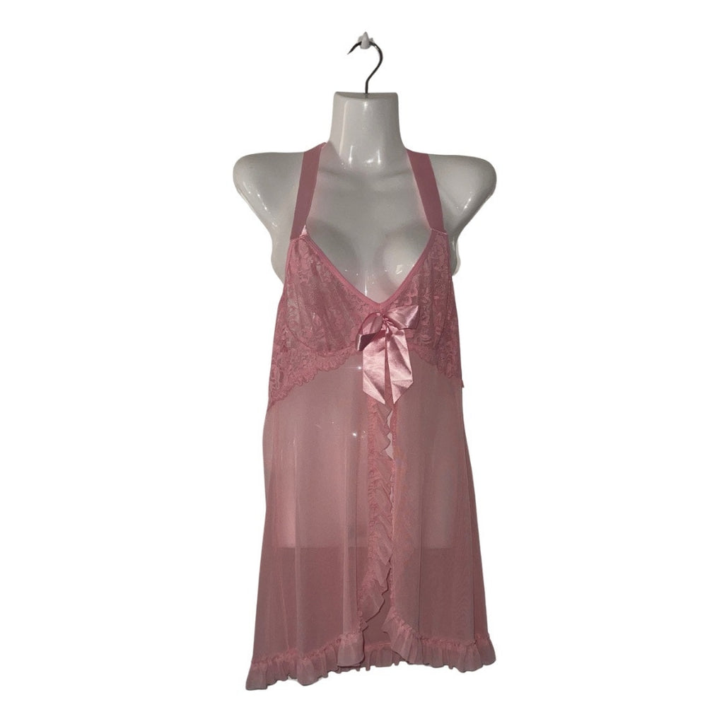 Pink Lace Sheer Mesh Babydoll Chemise Halter necktie Lingerie SZ Small Intimates