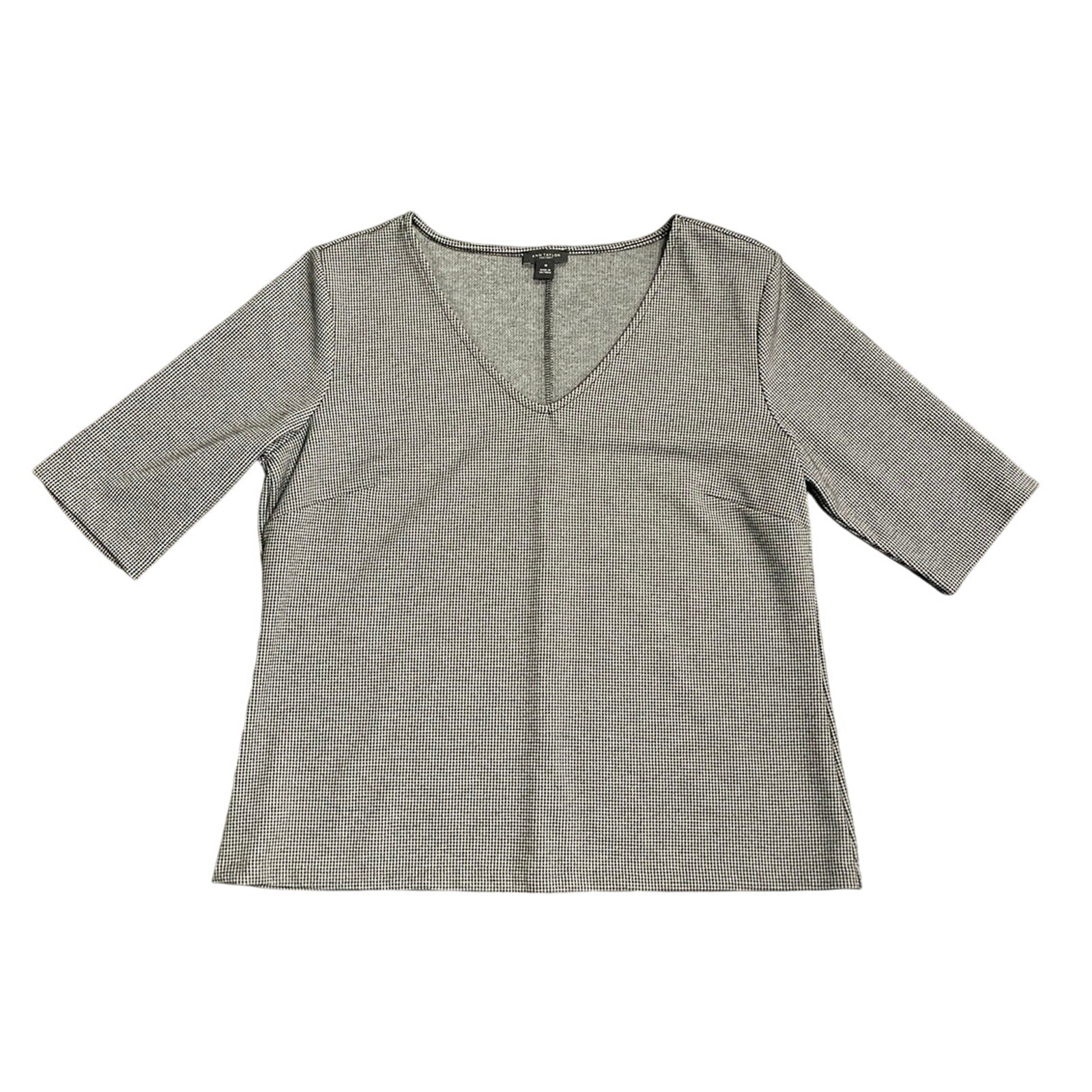 Ann Taylor V Neck Micro Houndstooth 3/4 Sleeve Top Size Medium Casual Chic