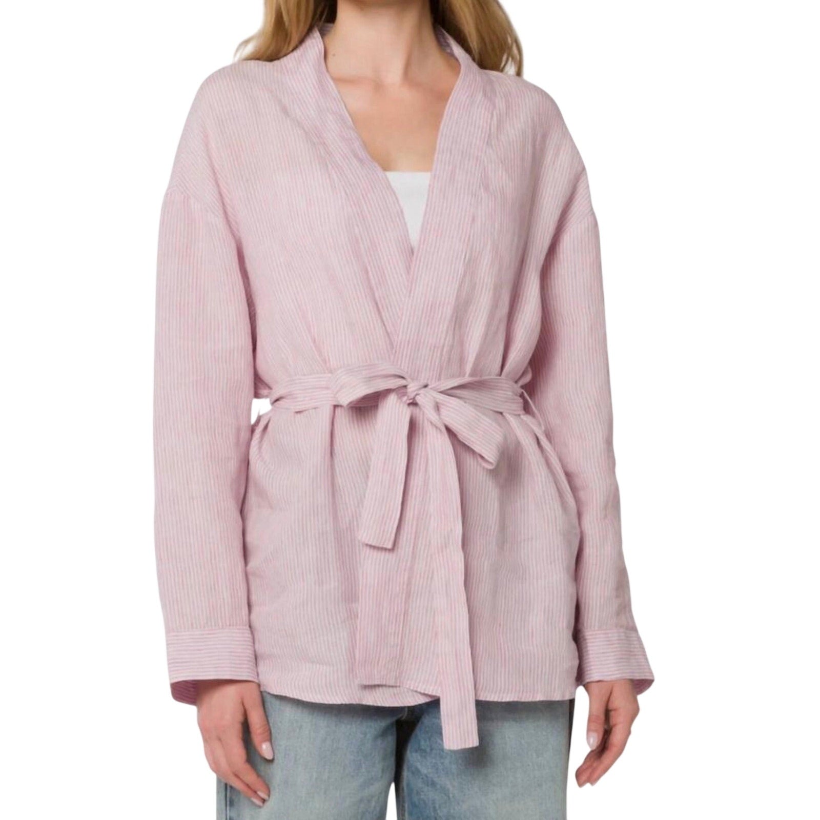 Velvet Heart Nelly Stripe Long Sleeve Belted Kimono Top Casual 100% Linen NWT