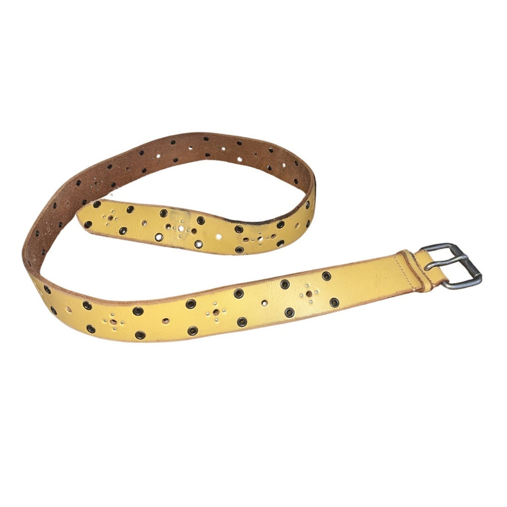 Gap Y2K Mustard Yellow Genuine Leather Grommet Hardware Belt Metal Buckle Size L