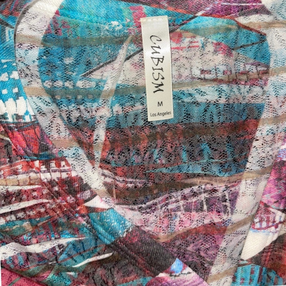 Cubism Tunic Top 3/4 Sleeve Abstract Peplum Blouse Size Medium Artsy Flare