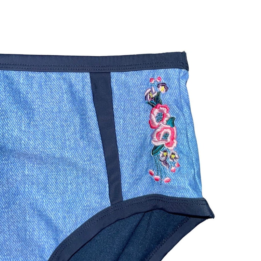 Marilyn Monroe Blue Embroidered Floral High Waisted Two Piece Swimsuit Bikini S